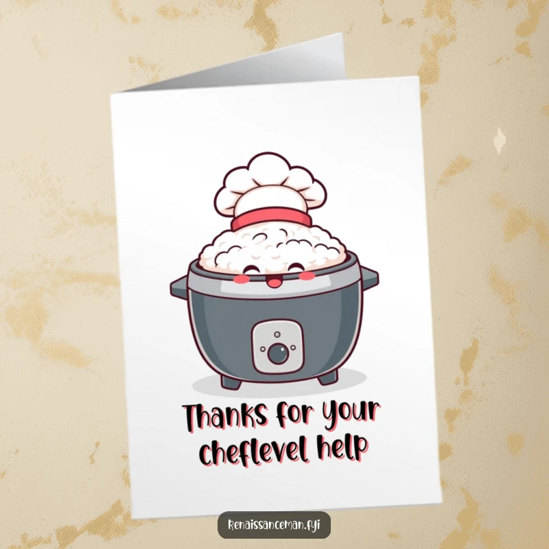 Funny Free Printable Thank You Card: A delighted rice cooker in a chef hat beams brightly, offering thanks.