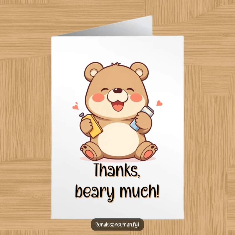 Funny Free Printable Thank You Card: Giggling bear demonstrating appreciation with exaggerated happy movements.