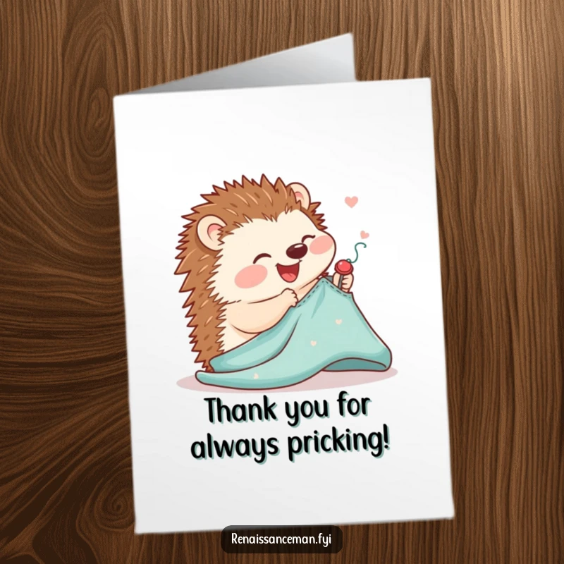Funny free printable thank you card of a joyful hedgehog carefully pinning a pattern onto fabric with delicate precision.