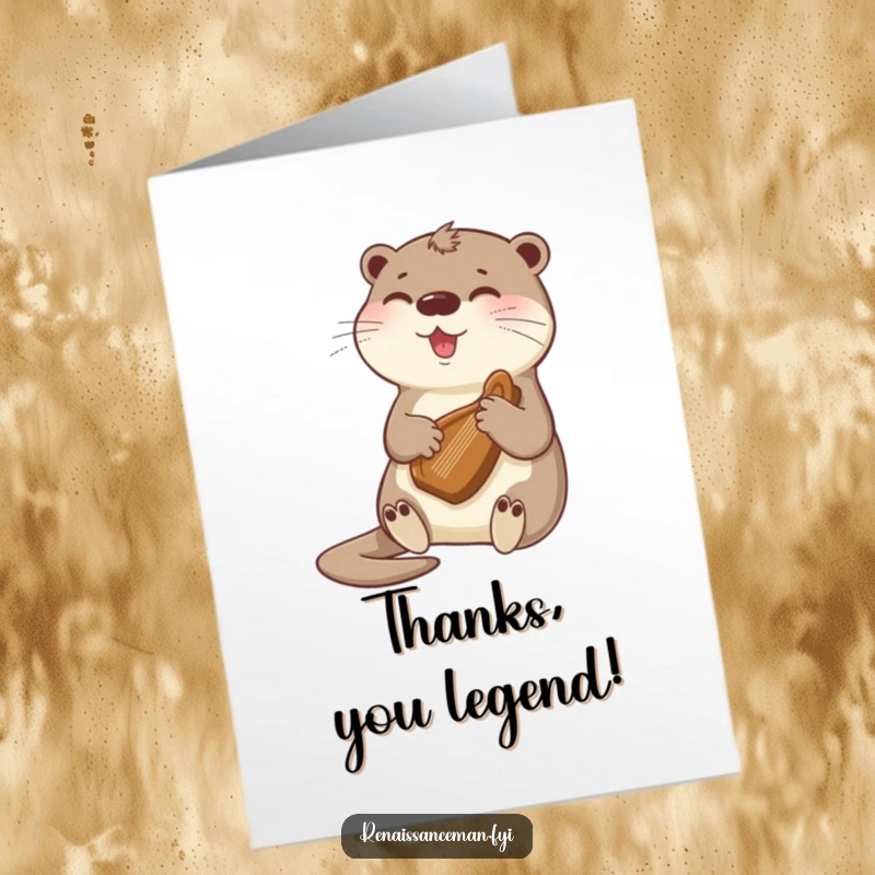 Funny Free Printable Thank You Card featuring a beaming otter playing a harp, conveying gratitude with a sweet melody.