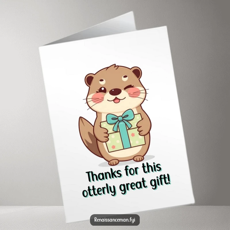 Funny Free Printable Thank You Card: A beaming otter winks charmingly as he hands over a nicely wrapped gift of thanks.