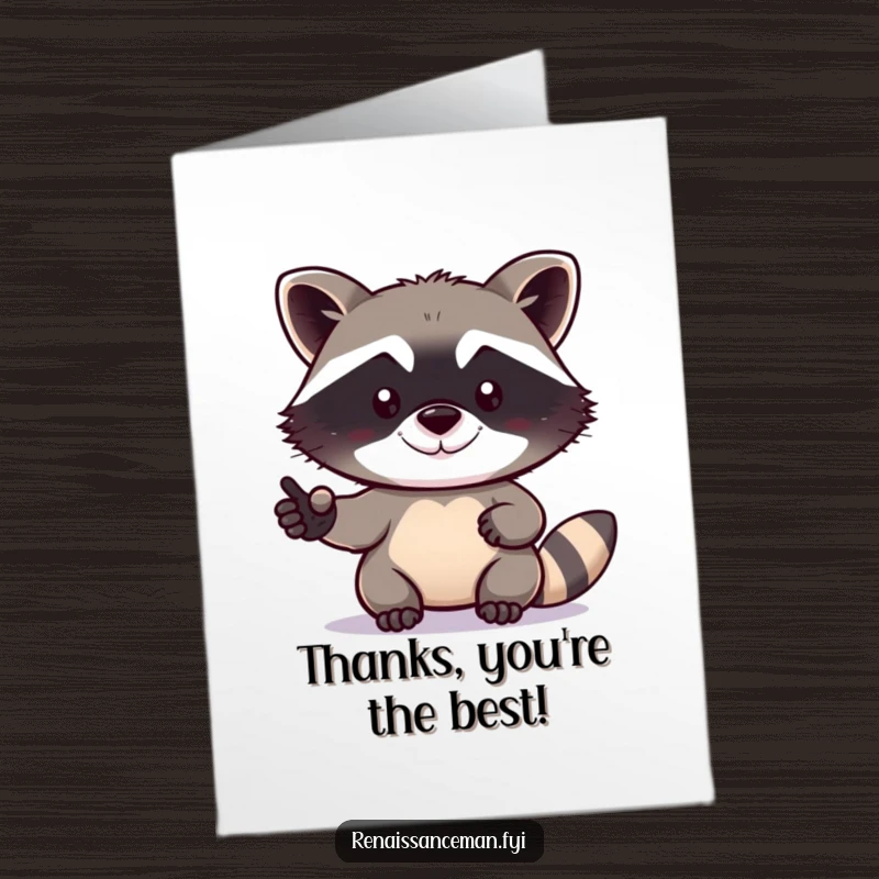 Funny Free Printable Thank You Card: A determined raccoon with a small smile takes a selfie to express thanks.