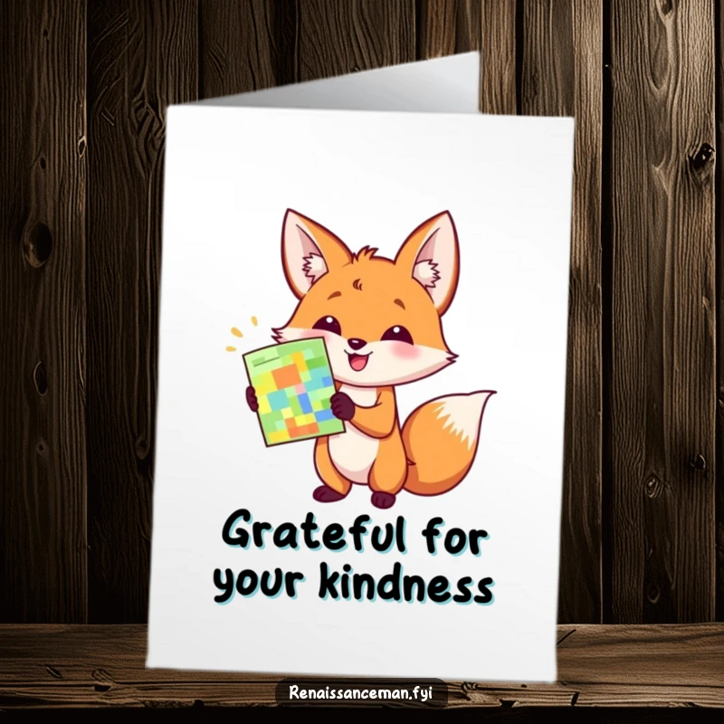Funny Free Printable Thank You Card: Happy fox enthusiastically presenting a colorful sample with a flourish, a fun thank you.