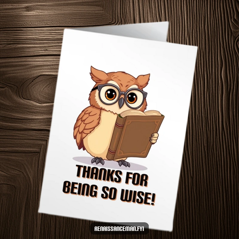 Funny free printable thank you card depicting a curious owl in glasses diligently reading an enormous ancient tome, a downloadable thank you.