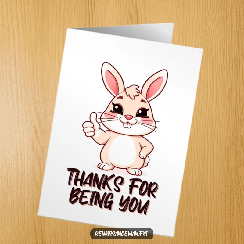 Funny Free Printable Thank You Card of a bunny giving a sarcastic thumbs up with a forced grin.
