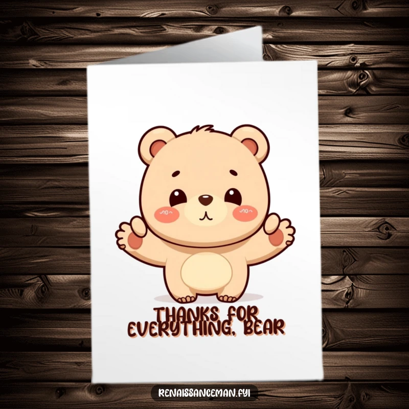 Funny Free Printable Thank You Card: Proud bear nodding with satisfaction over a finished layout, a classy thank you, download.