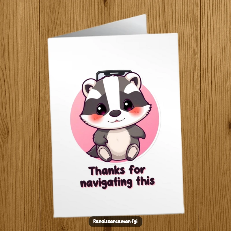 Funny Free Printable Thank You Card with a beaming badger intently navigating apps, symbolizing focused gratitude, available for print at home.