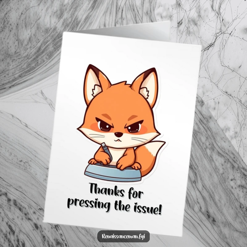 Funny free printable thank you card featuring a determined fox pressing a seam on fabric with a concentrated expression.