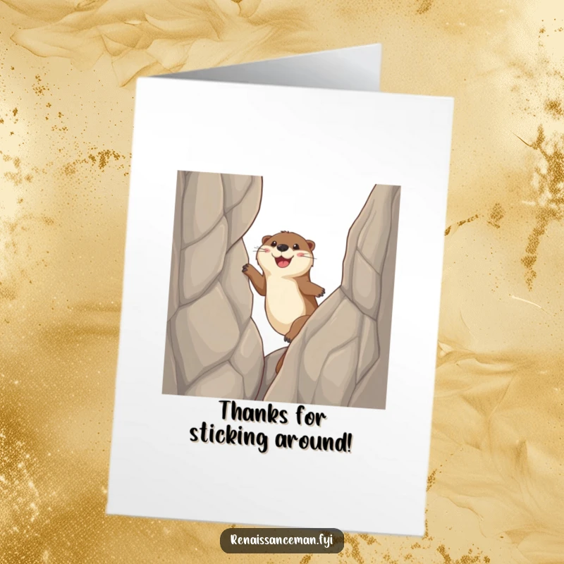Funny free printable thank you card showing a happy otter climbing a cliff, expressing thanks.