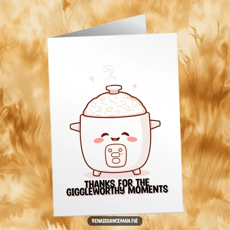 Funny Free Printable Thank You Card: A giggling rice cooker forms a steam swirl, expressing heartfelt thanks.