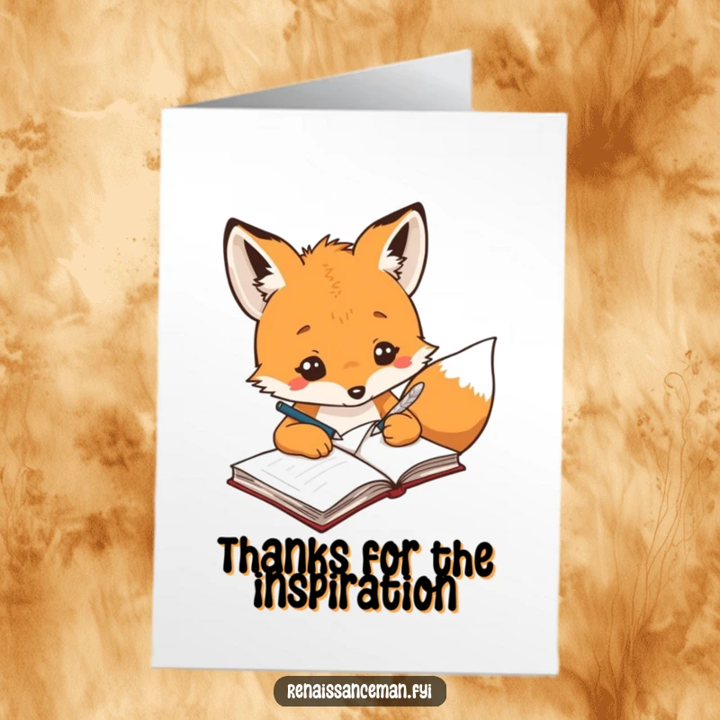 Funny Free Printable Thank You Card: A creative fox uses a quill to jot down notes in a notebook, showing thanks.