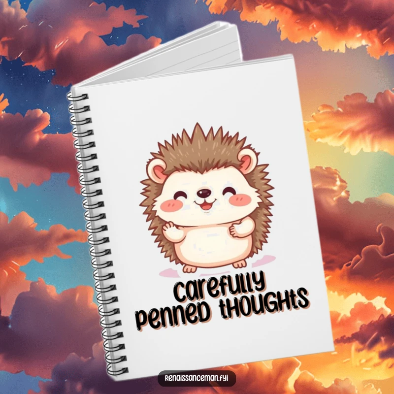 Funny hedgehog photo notebook, perfect for jotting down memories, featuring a joyful hedgehog placing a photo with care, a sweet and humorous gift.
