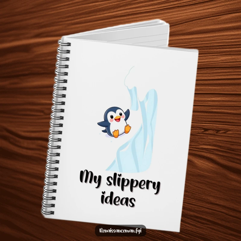 Funny Adventurous Penguin Sliding Joyfully Down a Steep Icy Wall, Humorous Notebook for Ideas.