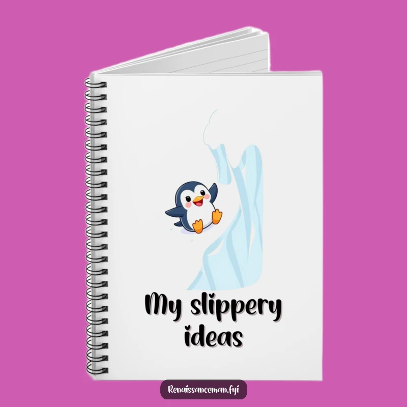 Record your cool thoughts in this funny notebook featuring a penguin sliding with joy. Perfect for notes and frosty ideas.