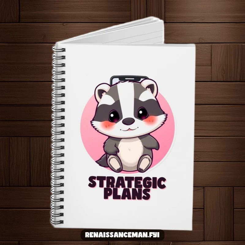 Funny beaming badger focused on a phone screen, swiping through apps. Lined and funny notebook.
