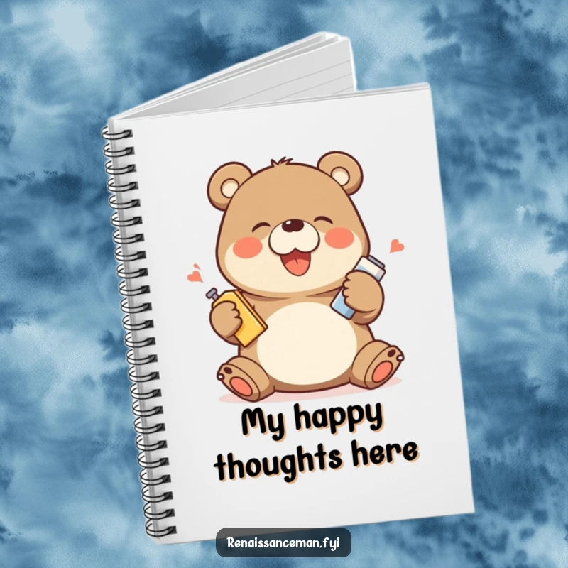 Funny notebook depicting a giggling bear character demonstrating a product with exaggerated happy movements, ideal for jotting down ideas and notes.