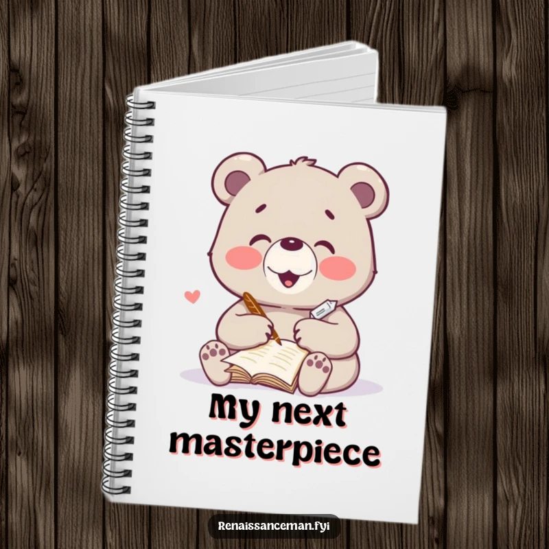 Funny notebook with a delighted bear character writing a heartfelt poem with a quill. Great for journaling and creative ideas.