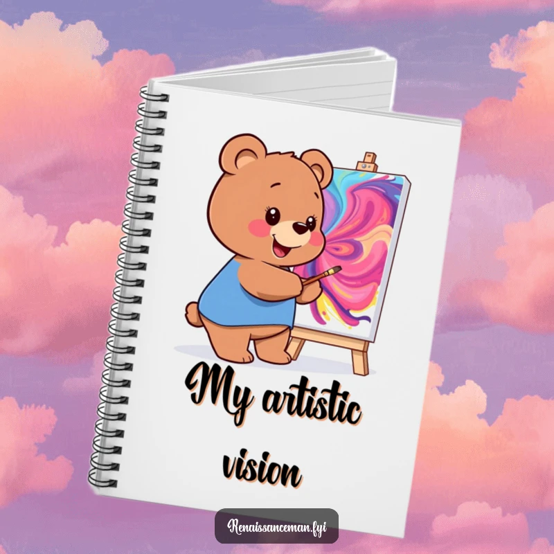 Funny notebook with a smiling bear painting a vibrant masterpiece, ideal for jotting down creative ideas and notes.
