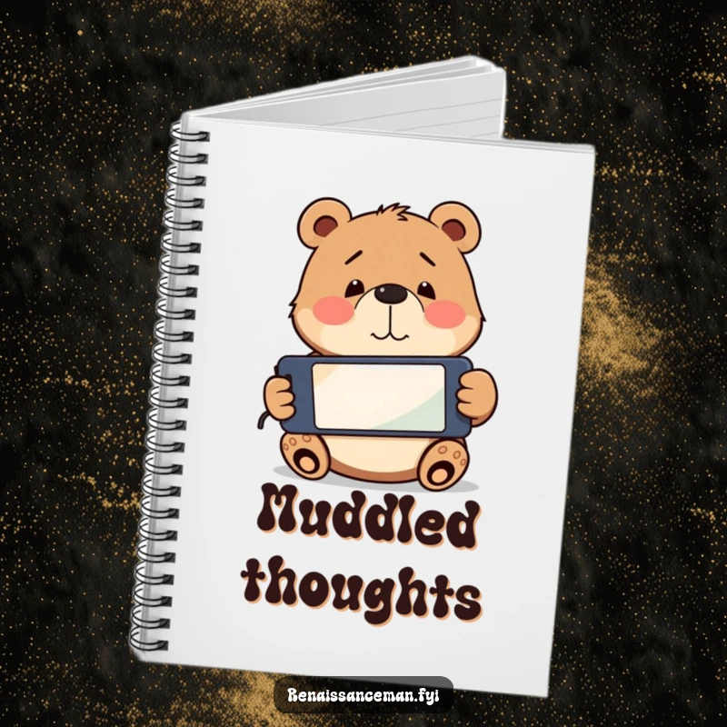 Funny playful bear holding a smartphone upside down, looking confused. Lined and funny notebook.