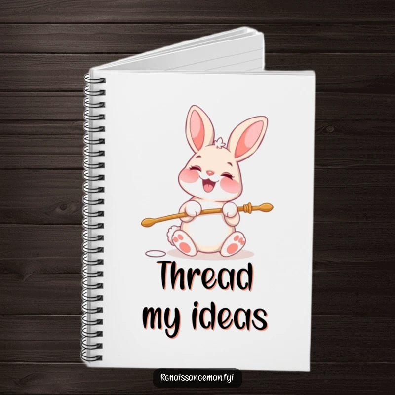 Funny notebook cover featuring a cheerful bunny character beaming while threading a large needle.
