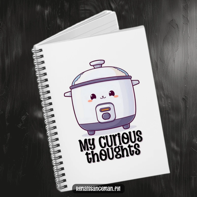 Funny notebook featuring a curious rice cooker peeking from behind a steaming lid, ideal for notes, recipes, or secret ideas.