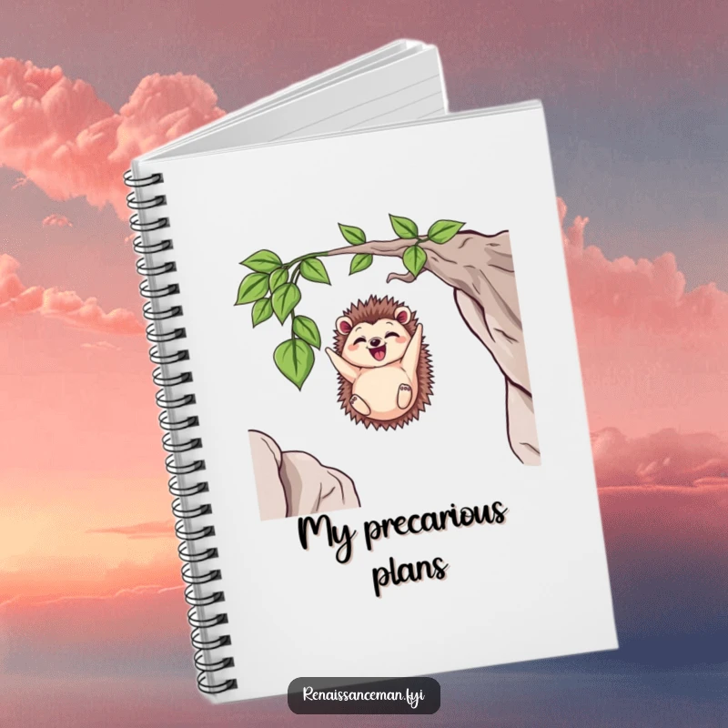 Funny Delighted Hedgehog Dangling from a Vine Above a Cliff, Humorous Journal for Ideas and Notes.