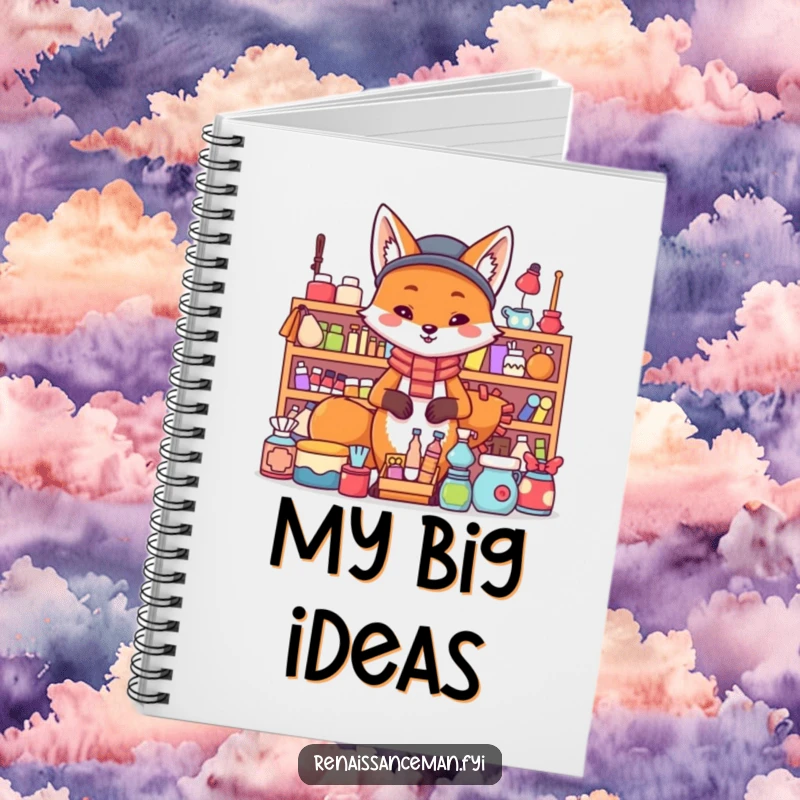 Funny fox merchant notebook. A proud fox stands confidently behind a large display of items, inspiring note-taking.