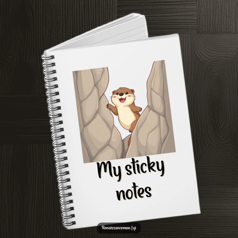 Funny otter notebook, a happy otter character scales a steep cliff using sticky paws, inspiring bold note-taking.