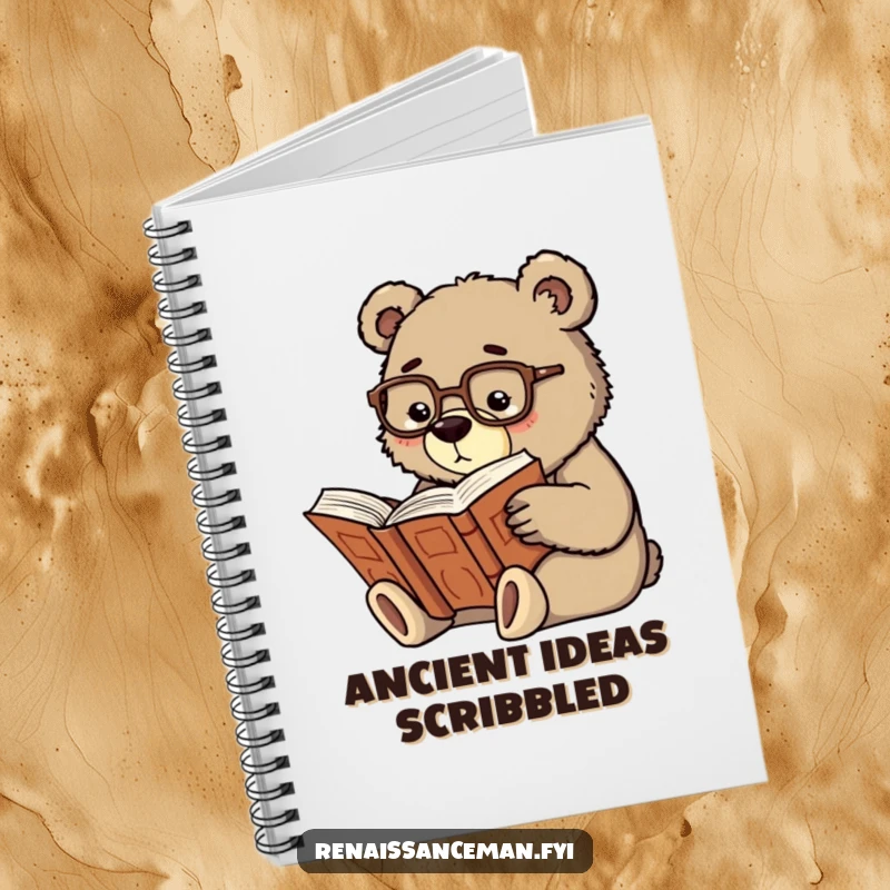 Funny scholarly bear with spectacles reading a large book, ready to jot down notes in a humorous notebook.