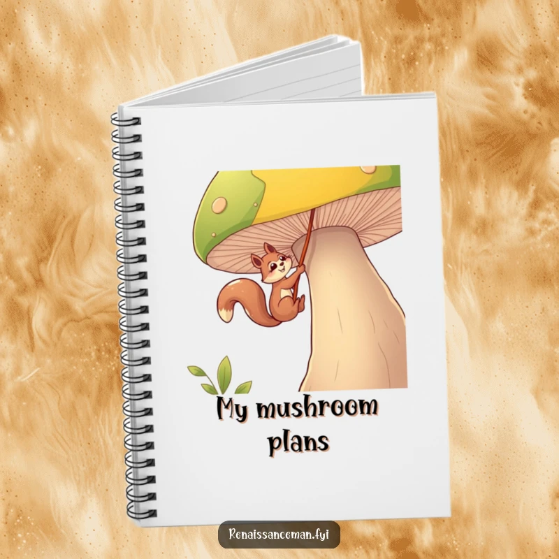 Funny squirrel notebook, a determined squirrel character rappels down a giant mushroom with a rope, inspiring adventurous note-taking.