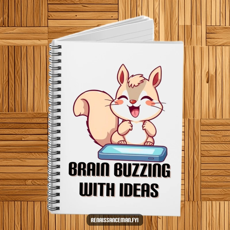 Funny squirrel with paws a blur, tapping a bright screen with excitement, on the cover of a notebook.