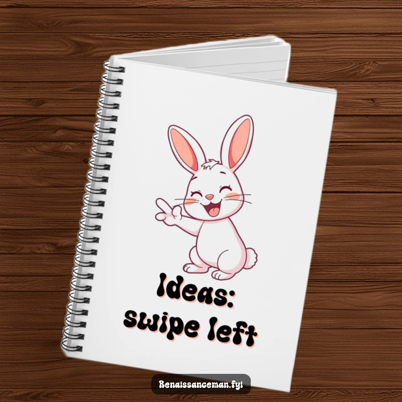 Funny rabbit notebook with a cheerful rabbit swiping left, perfect for jotting down dating thoughts.