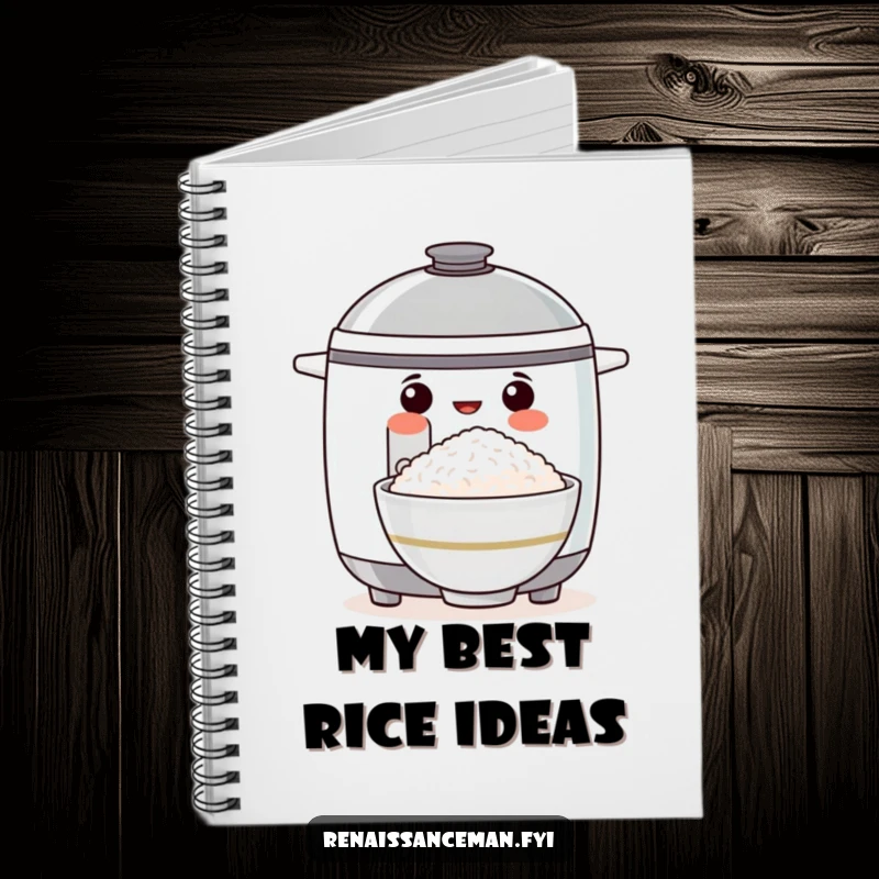Funny notebook featuring a proud rice cooker presenting a perfect bowl of rice, ideal for notes, recipes, or creative writing.