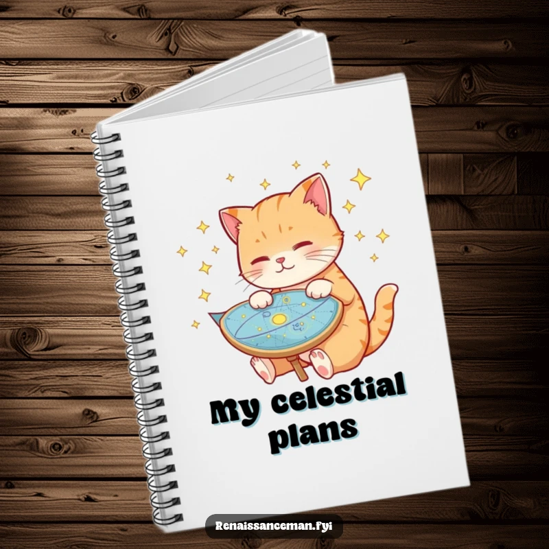 Funny cat notebook, featuring a cat examining a celestial map, ideal for jotting down ideas and cosmic observations, space-themed stationery.