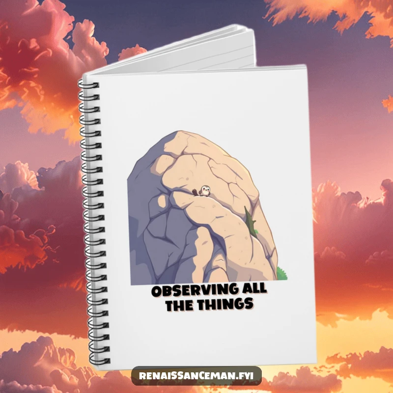 Funny notebook with a curious bird peeking over a large boulder, perfect for jotting down insights and humorous thoughts.