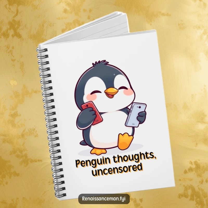 Funny penguin making a silly face while holding a phone, featured on the cover of a lined notebook.