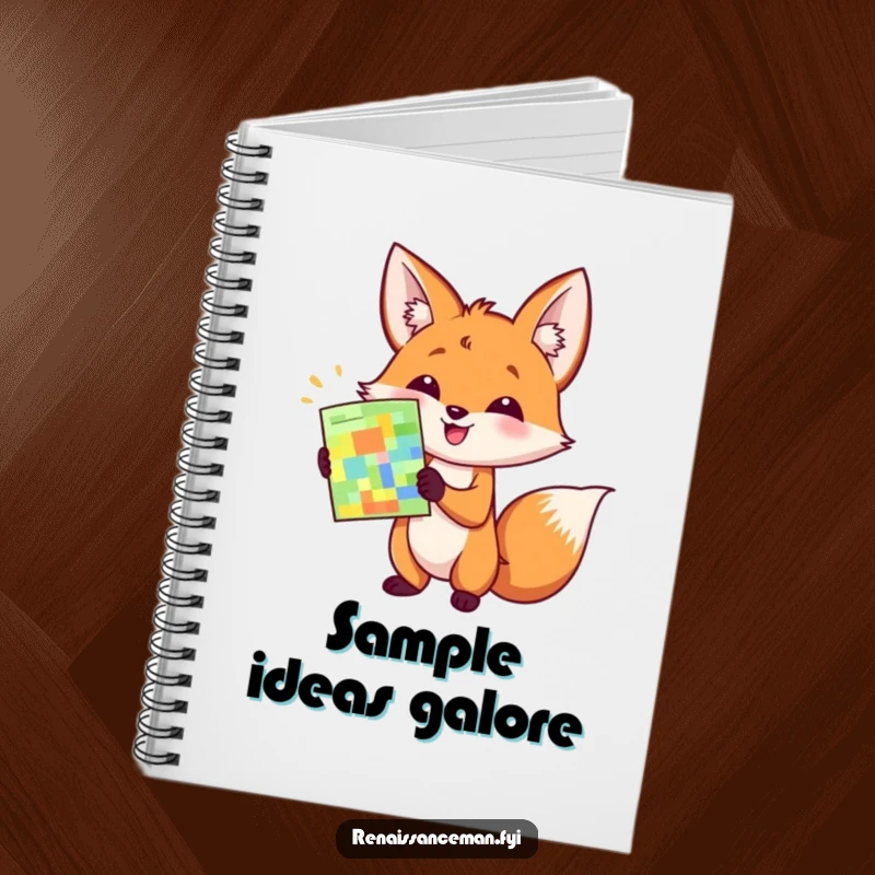 Funny notebook with a happy fox enthusiastically presenting a colorful sample with a flourish, inspiring great ideas.