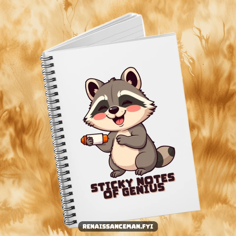 Funny notebook: A giggling raccoon with a wide smile adorably uses a glue stick, perfect for creative notes.