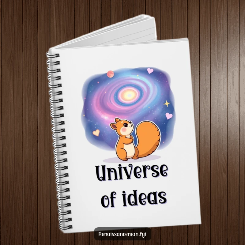 Funny notebook with a cheerful squirrel character gazing dreamily at a swirling galaxy. Great for journaling and creative ideas.