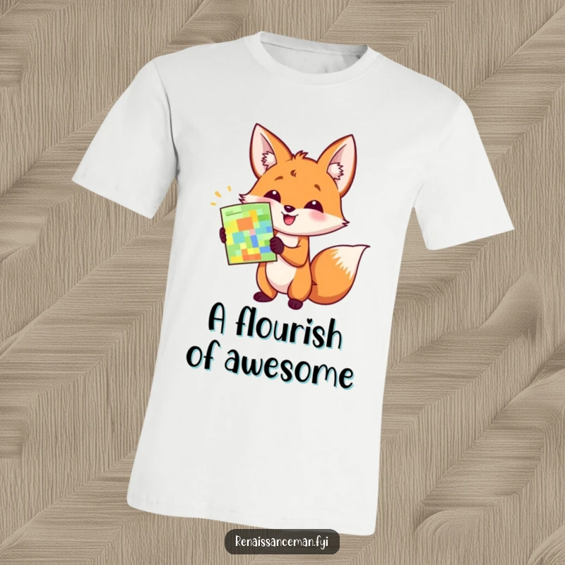 Funny t-shirt depicting a happy fox enthusiastically presenting a colorful sample with a dramatic flourish.