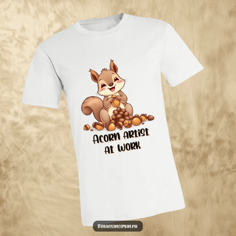 Funny squirrel t-shirt, busy crafting a small sculpture from acorns, looking delighted, with tiny tools, nature-inspired, embodying creative hustle.