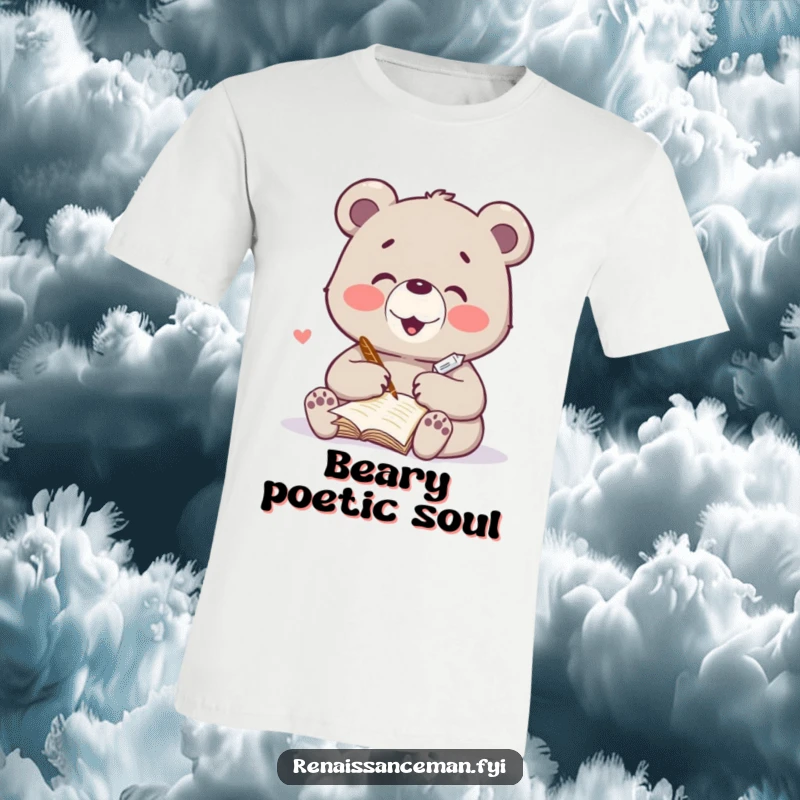 Funny t-shirt with a delighted bear character writing a heartfelt poem with a quill. Expresses creativity and emotion.
