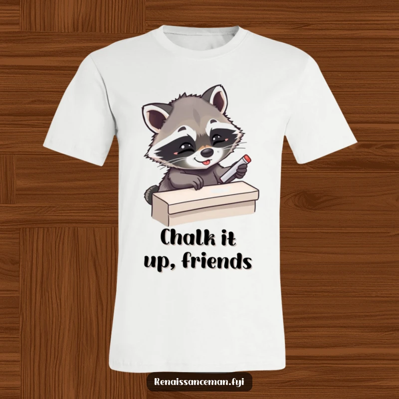 Funny Giggling Raccoon Expertly Placing Chalk on Cliff Ledge, Ready for Adventure, Humorous T-Shirt.