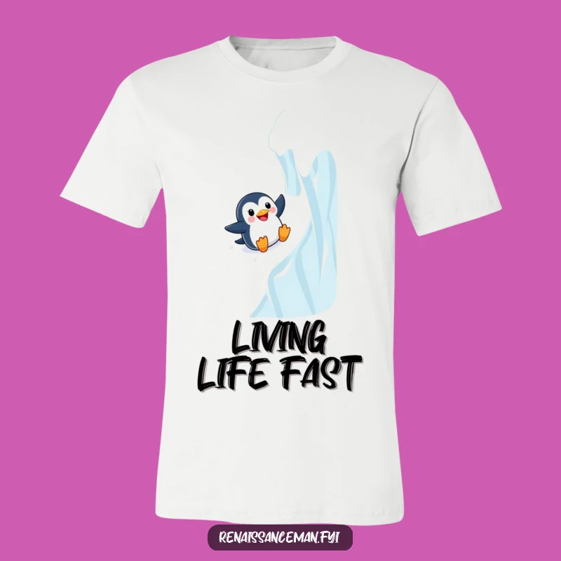 Show your adventurous spirit with this funny t-shirt featuring a penguin sliding with glee. Comfortable and hilariously cool.