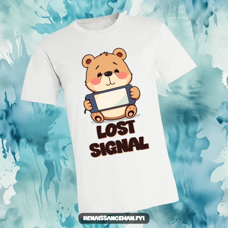 Funny playful bear holding a smartphone upside down, looking confused but happy. Quirky funny t-shirt.