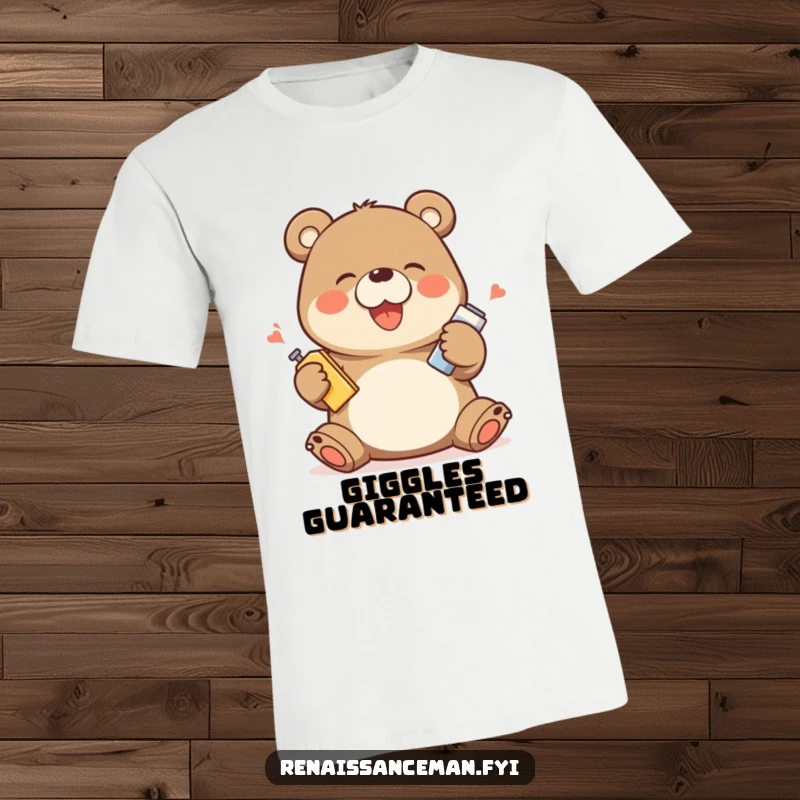 Funny t-shirt depicting a giggling bear character performing an over-the-top product demonstration with exaggerated happy movements and pure delight.
