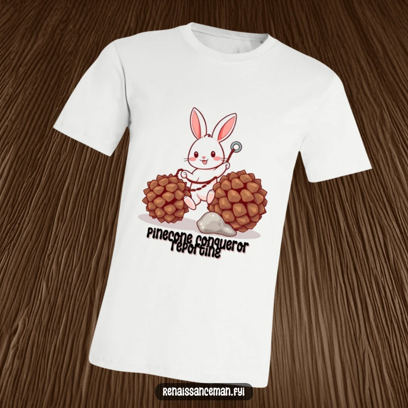 Funny t-shirt with a cheerful bunny using a miniature grappling hook to climb a pinecone, embodying ambition and humor.