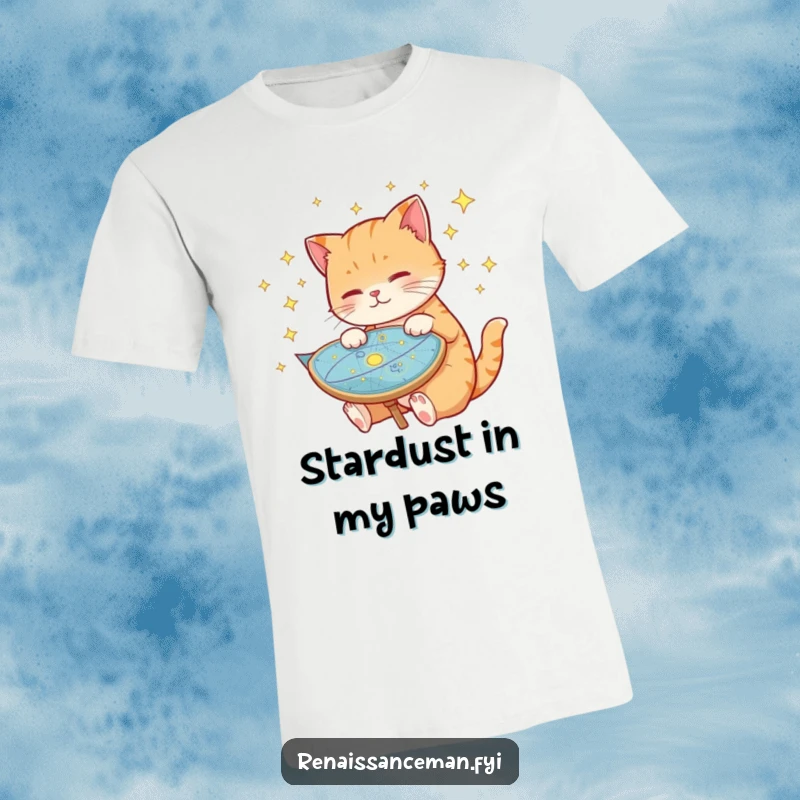 Funny cat t-shirt, gazing at a celestial map with stars, plotting cosmic routes, embodying playful curiosity and astronomical interest.