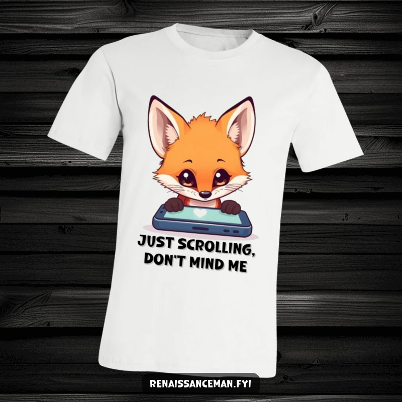 Funny curious fox mesmerized by a glowing mobile phone held in its paws, printed on a comfortable t-shirt.
