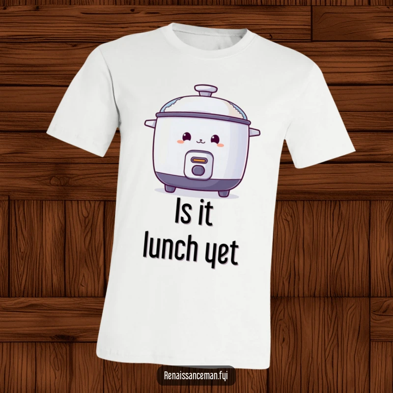 Funny t-shirt with a curious rice cooker peeking out from behind a steamy lid, suggesting culinary intrigue.